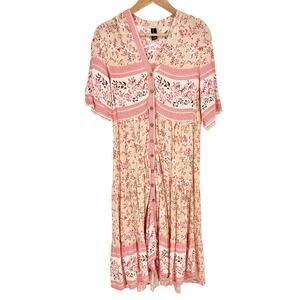 Sacred Threads Rayon Pink Cream Floral Button Front Boho Midi Dress Size S/M